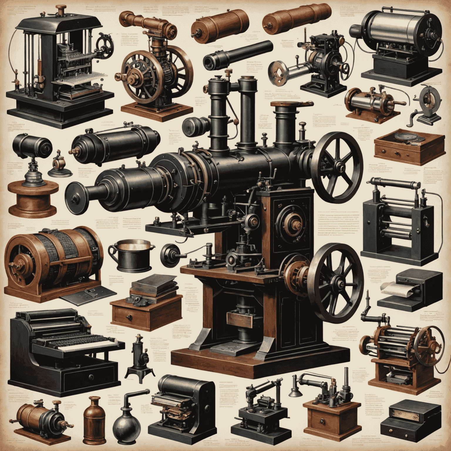 A collage of historical and modern technological breakthroughs, including the printing press, the steam engine, early computers, smartphones, AI, and robotics