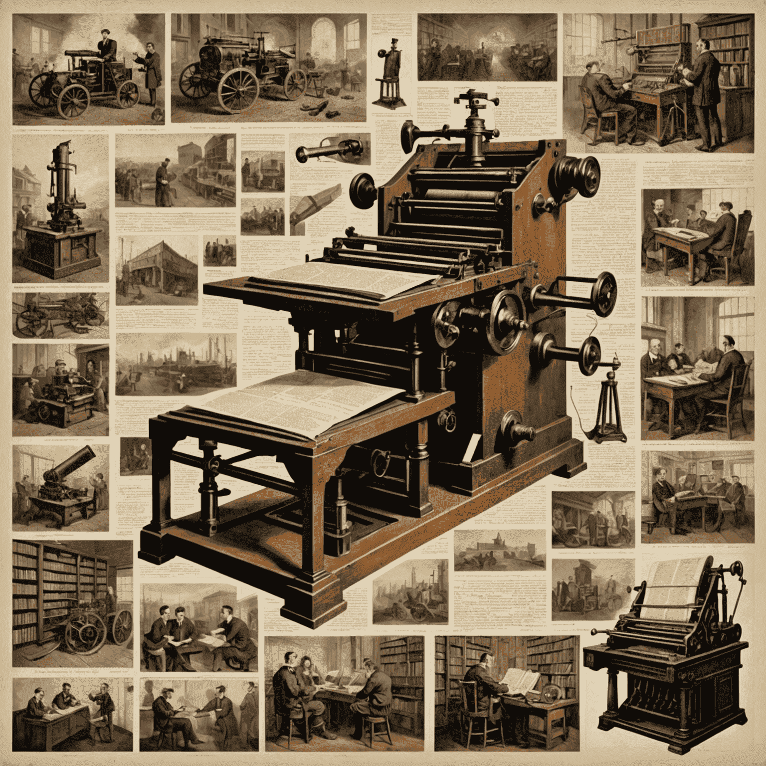 A collage of images representing various technological breakthroughs throughout history, such as the invention of the printing press, the first computer, and the launch of the internet.