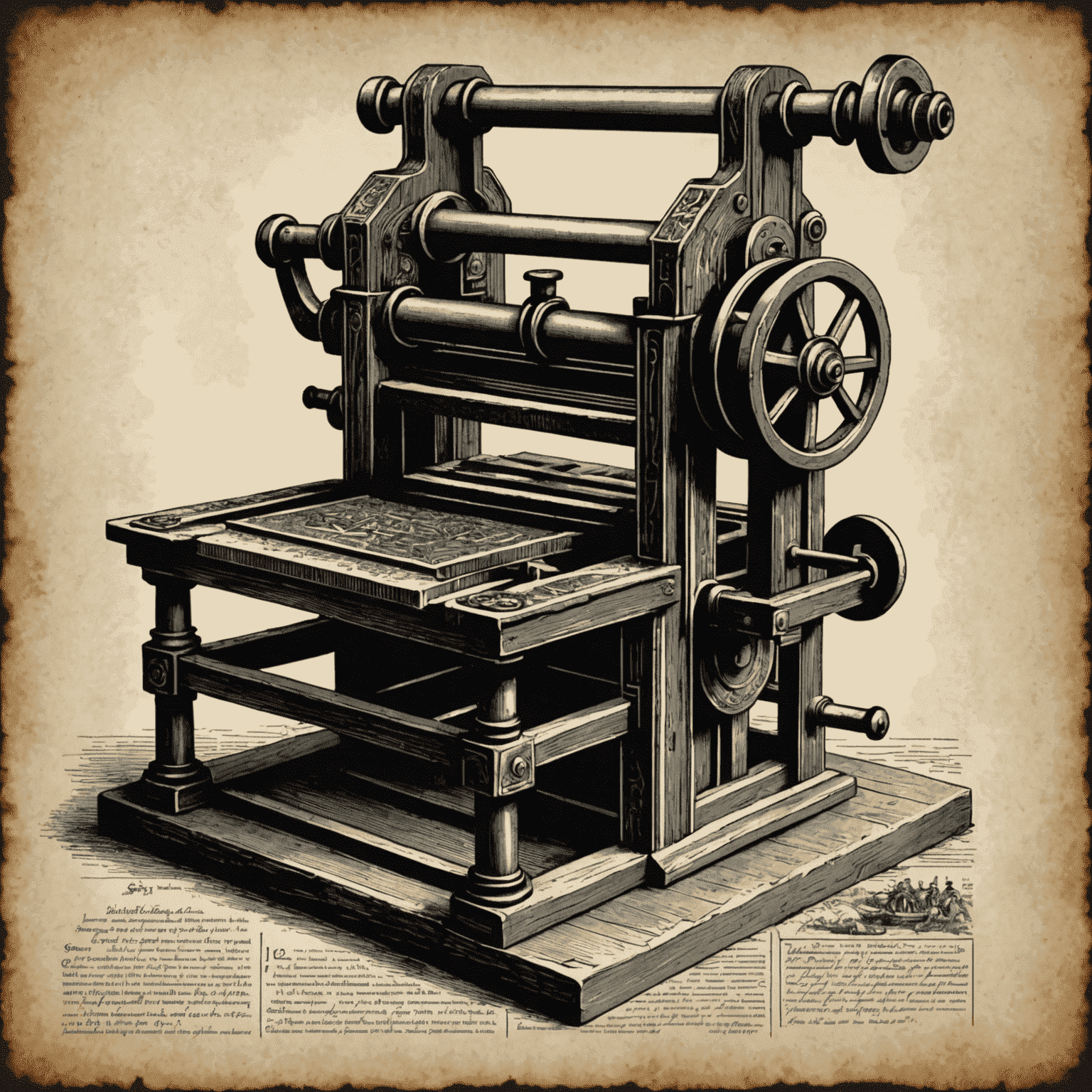 An illustration of an early printing press, with movable type and a hand-operated lever, representing the revolutionary invention by Johannes Gutenberg in the 15th century.