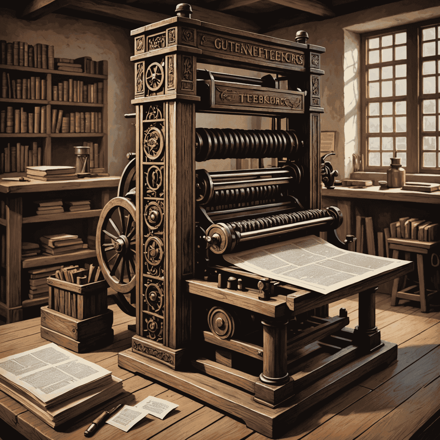 An illustration of Gutenberg's printing press, showing the movable type system and the process of printing pages. The image conveys the revolutionary impact of this invention on the dissemination of information.