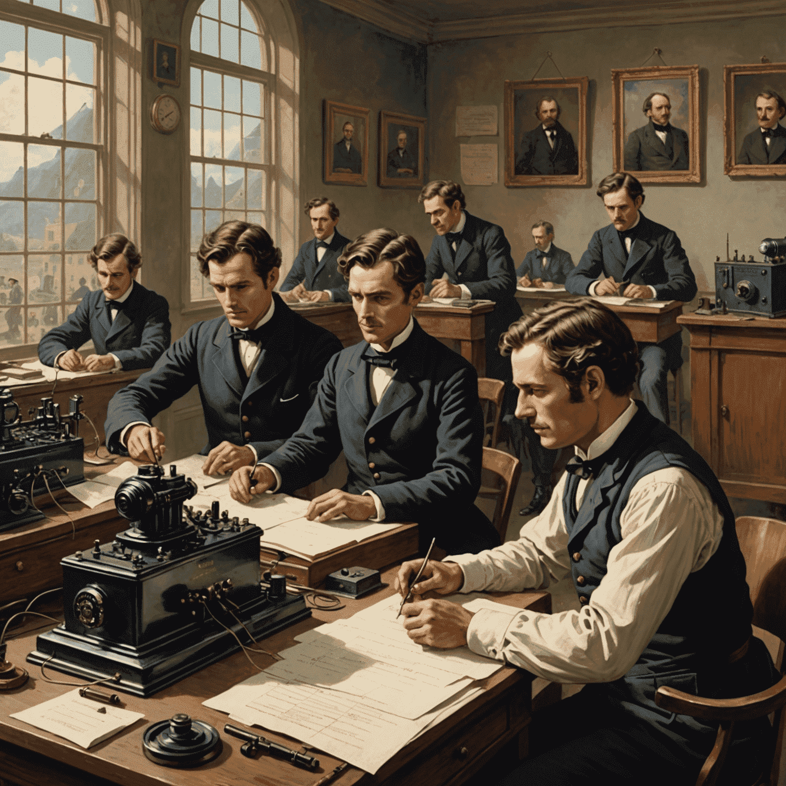 Illustration of telegraph operators working at their stations, sending and receiving messages across vast distances using Morse code and the newly invented telegraph system in the 1800s