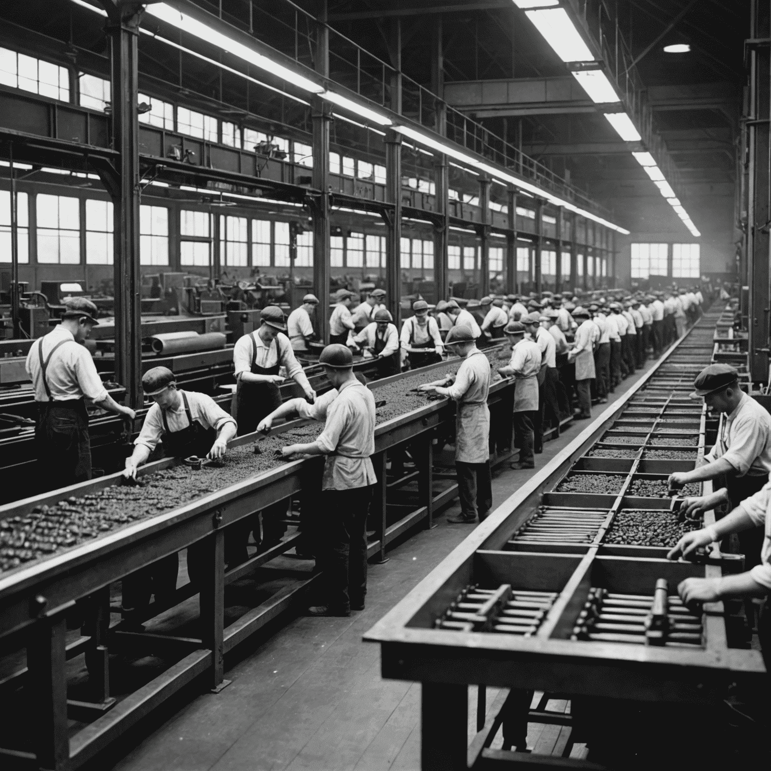 Black and white photograph of a 1920s factory assembly line with workers stationed at various points along a conveyor belt, assembling parts into finished products. The image conveys a sense of the efficiency and scale of mass production.