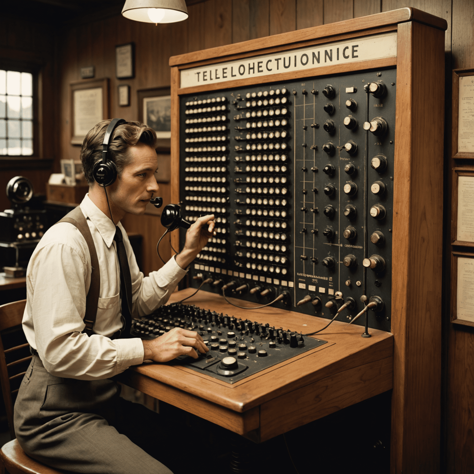 A vintage telephone switchboard with operators connecting calls, representing the early days of the telephone revolutionizing communication