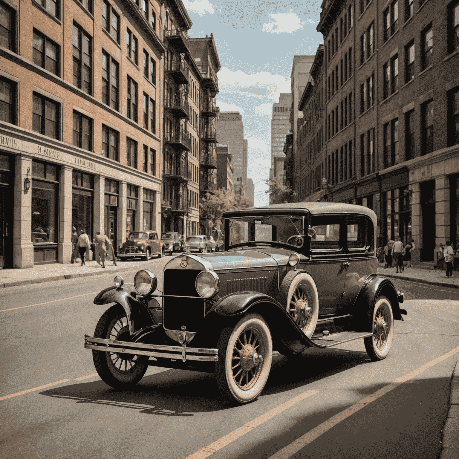 A vintage automobile driving down a city street lined with early 20th century buildings, representing the transformative impact of the car on urban life