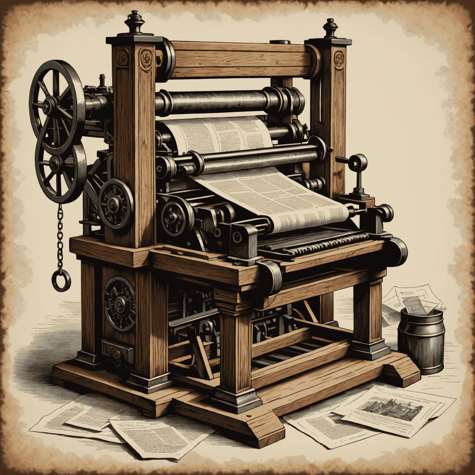 An illustration of Gutenberg's printing press, showing the movable type and the process of printing pages.