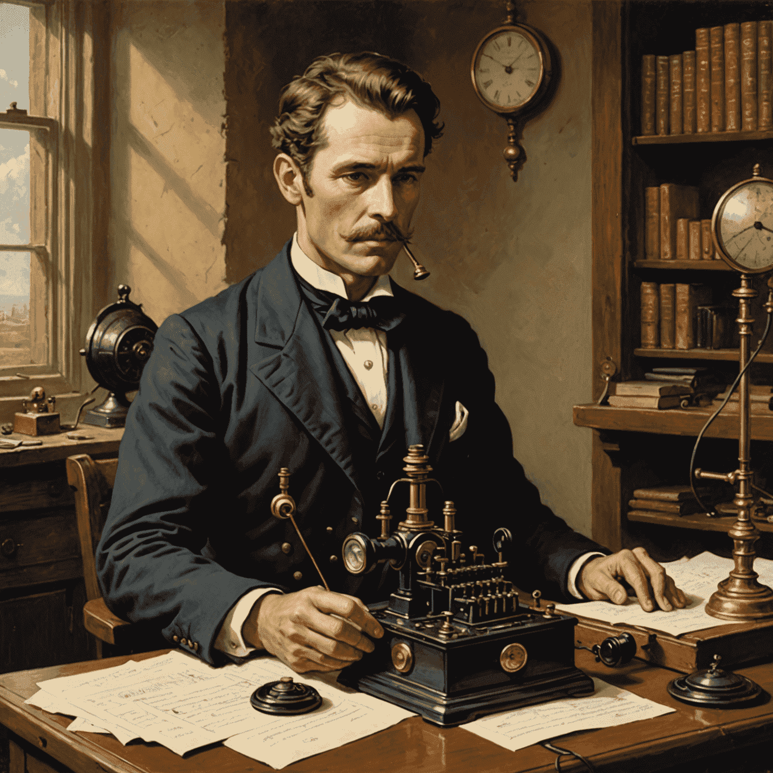 A depiction of a 19th-century telegraph operator using a Morse code key to transmit messages over long distances, symbolizing the groundbreaking technology that connected the world.