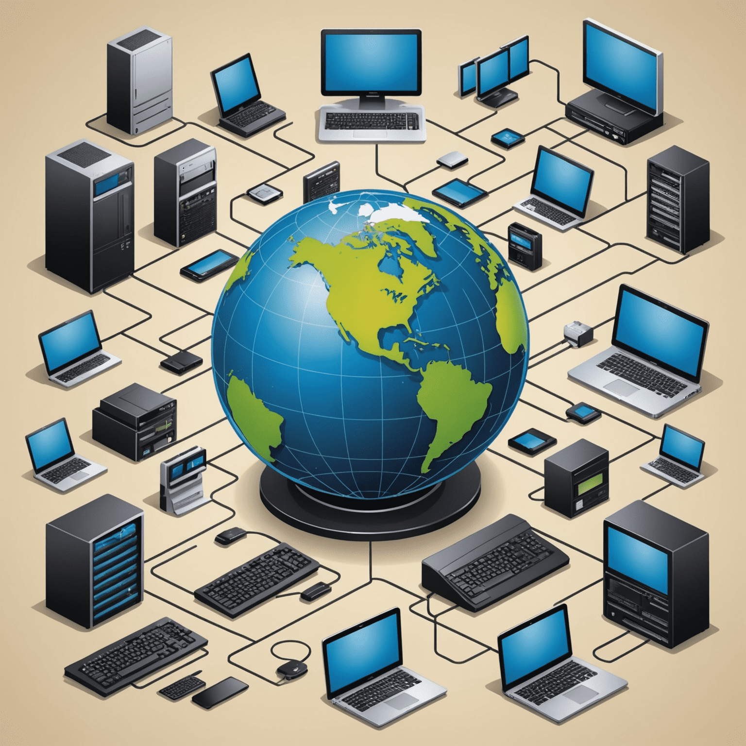 An illustration showing various aspects of internet technology, including computers, servers, and global connectivity. The image draws parallels between the impact of the internet and the printing press on information sharing.