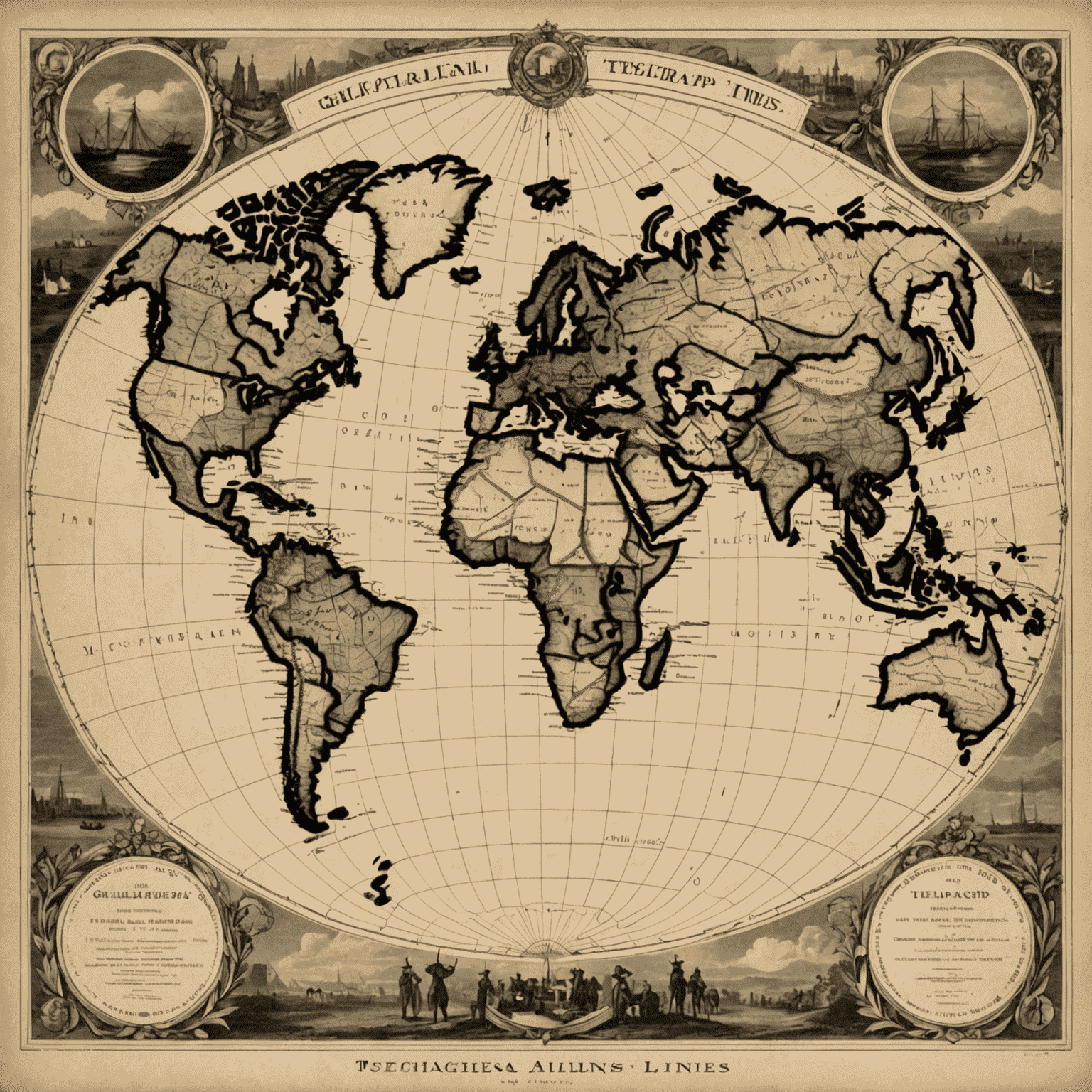 Map showing the extensive global network of telegraph lines connecting major cities and countries around the world in the late 1800s