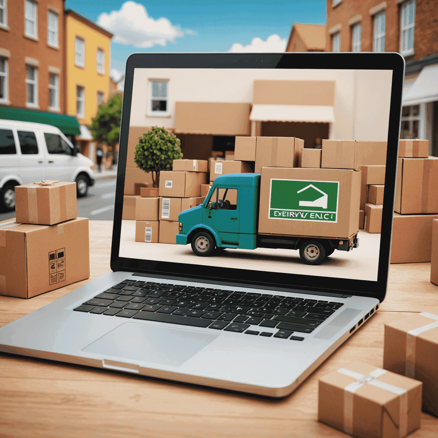 Illustration showing a person shopping online on a laptop, with a delivery truck and packages in the background, representing the convenience and accessibility of e-commerce in the digital age.