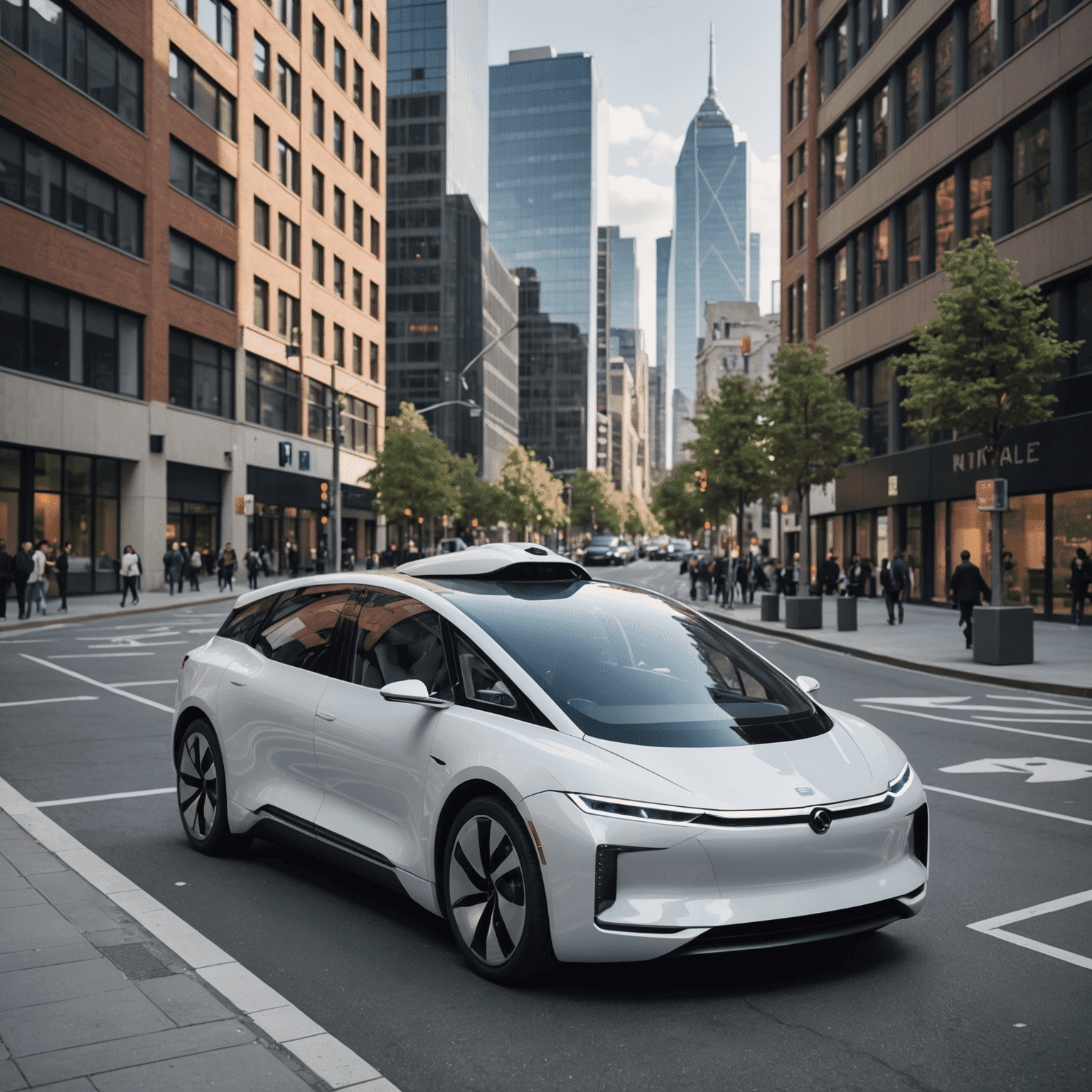 A futuristic autonomous vehicle navigating through a modern city street, symbolizing the potential future impact of self-driving cars on urban mobility