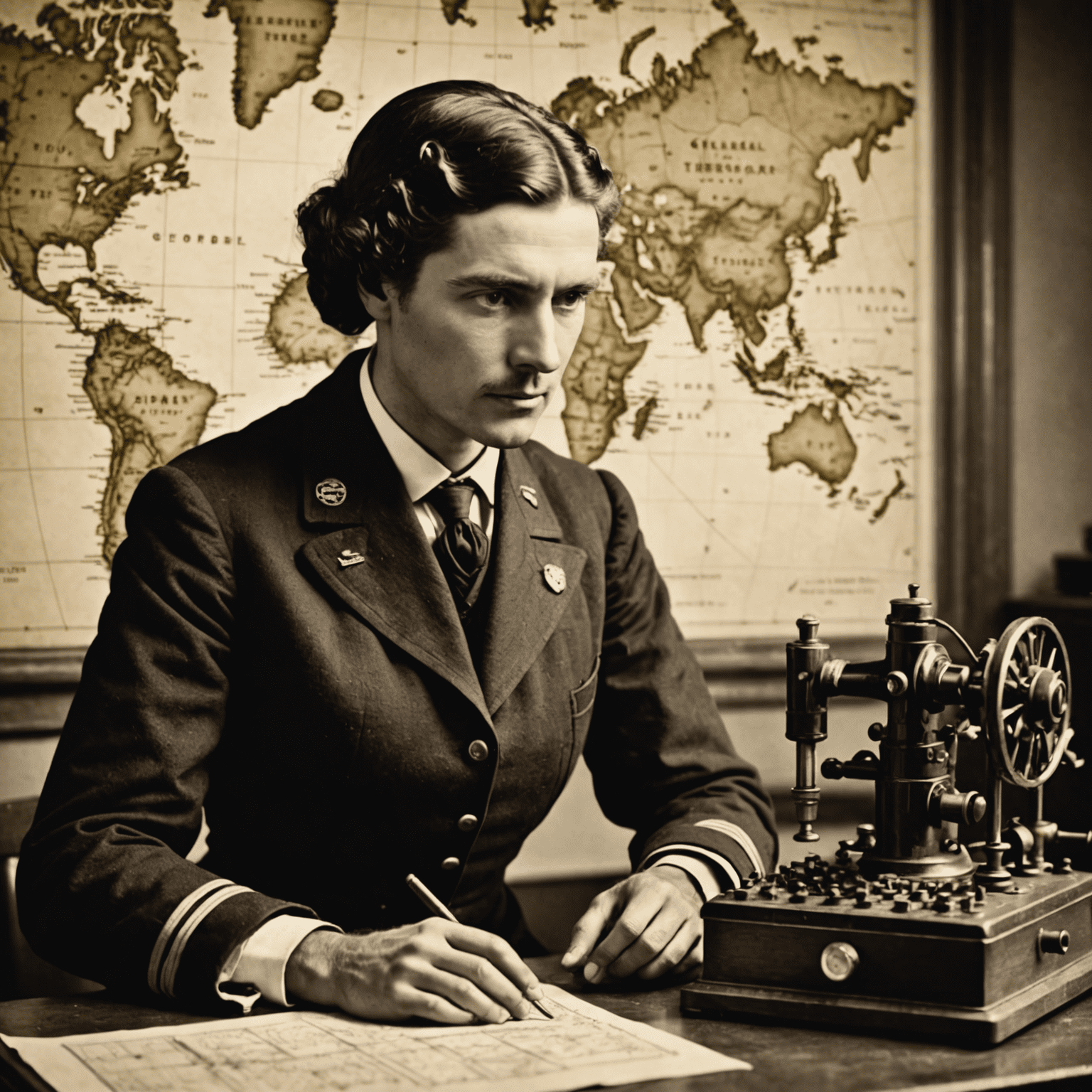 An image of a telegraph operator sending a message using Morse code, with a map showing the global telegraph network in the background.