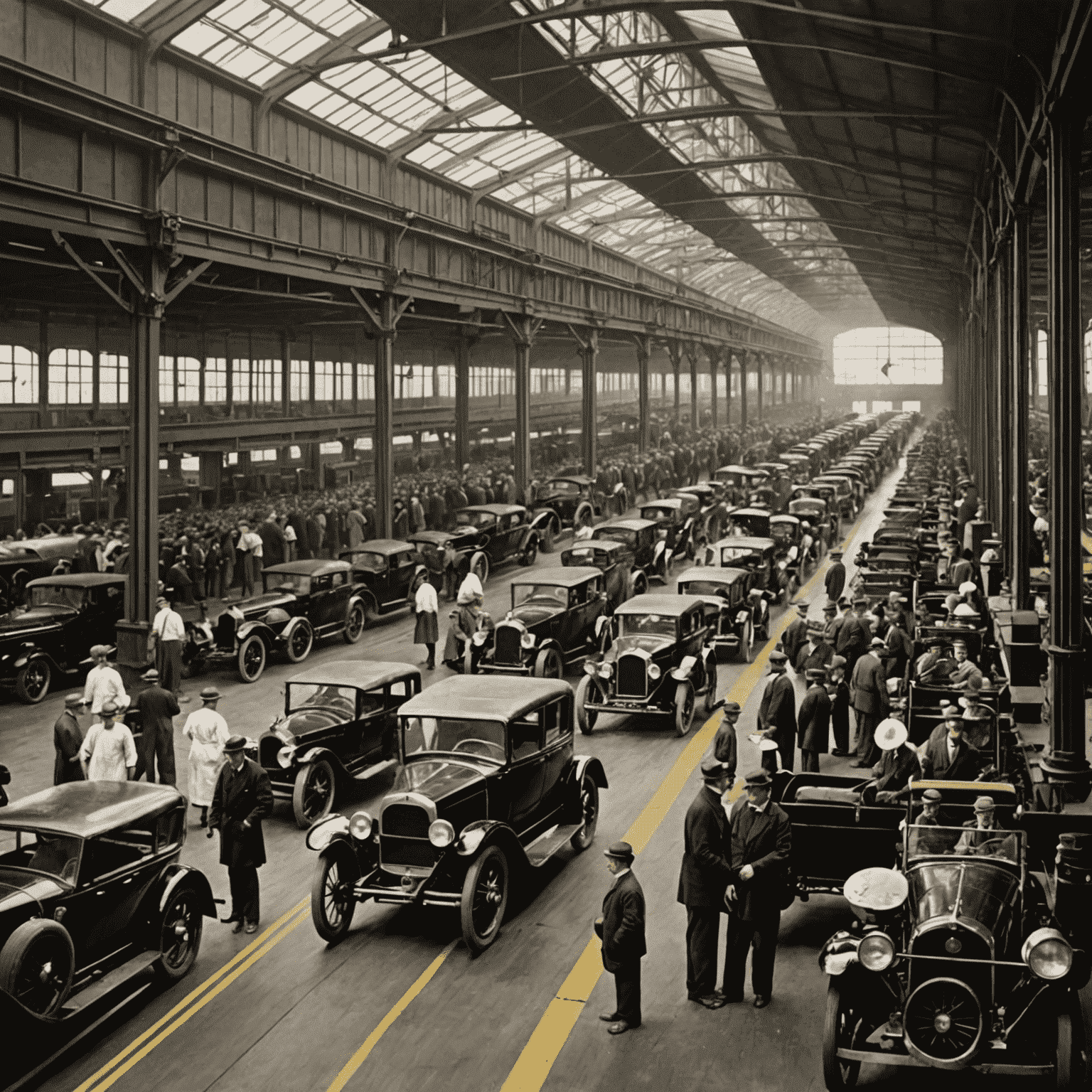 An image of an early 20th-century automobile assembly line, with workers at various stations contributing to the mass production of vehicles, exemplifying the rise of consumerism.