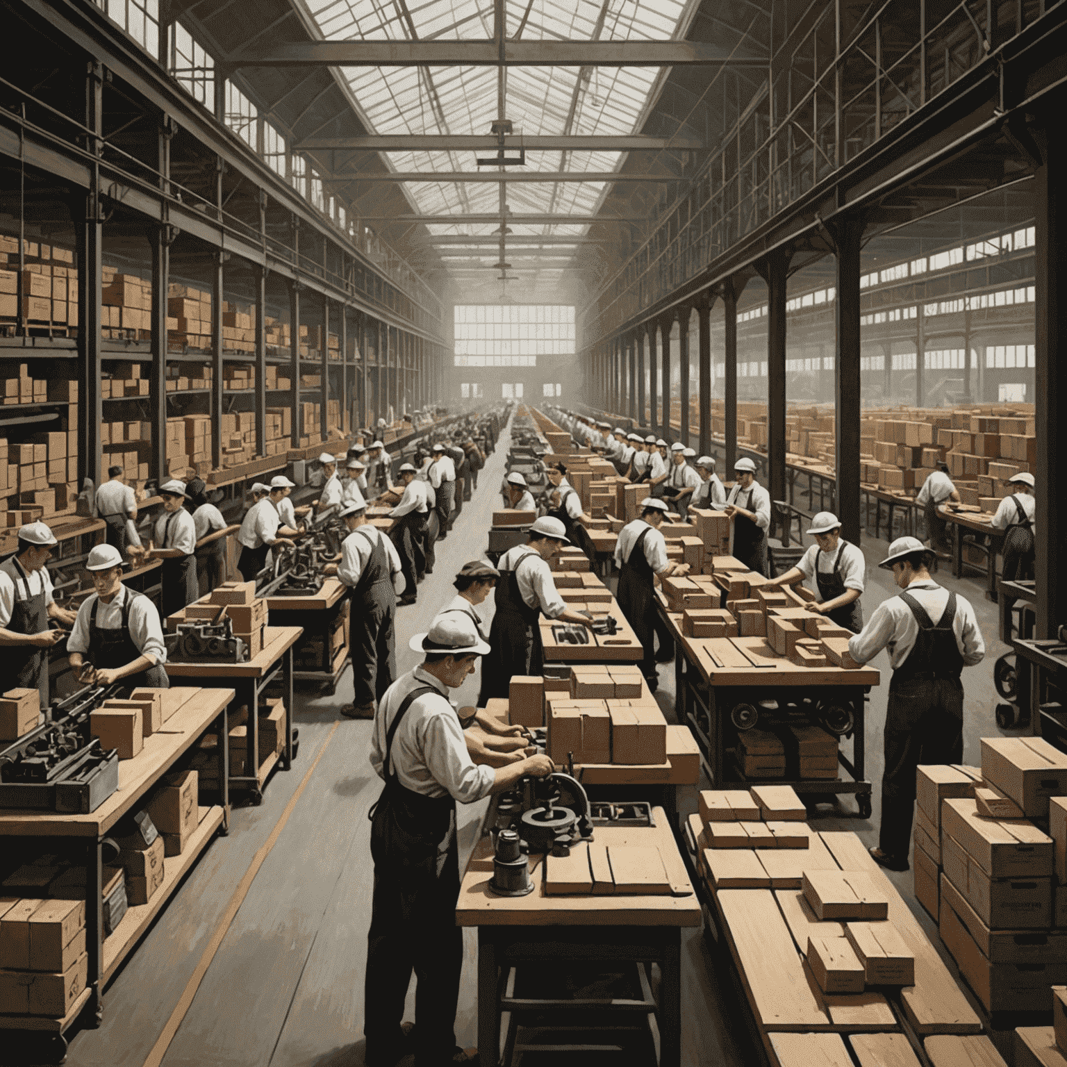 A depiction of an early 20th-century assembly line, with workers at various stations assembling a product, and a modern e-commerce warehouse in the background.