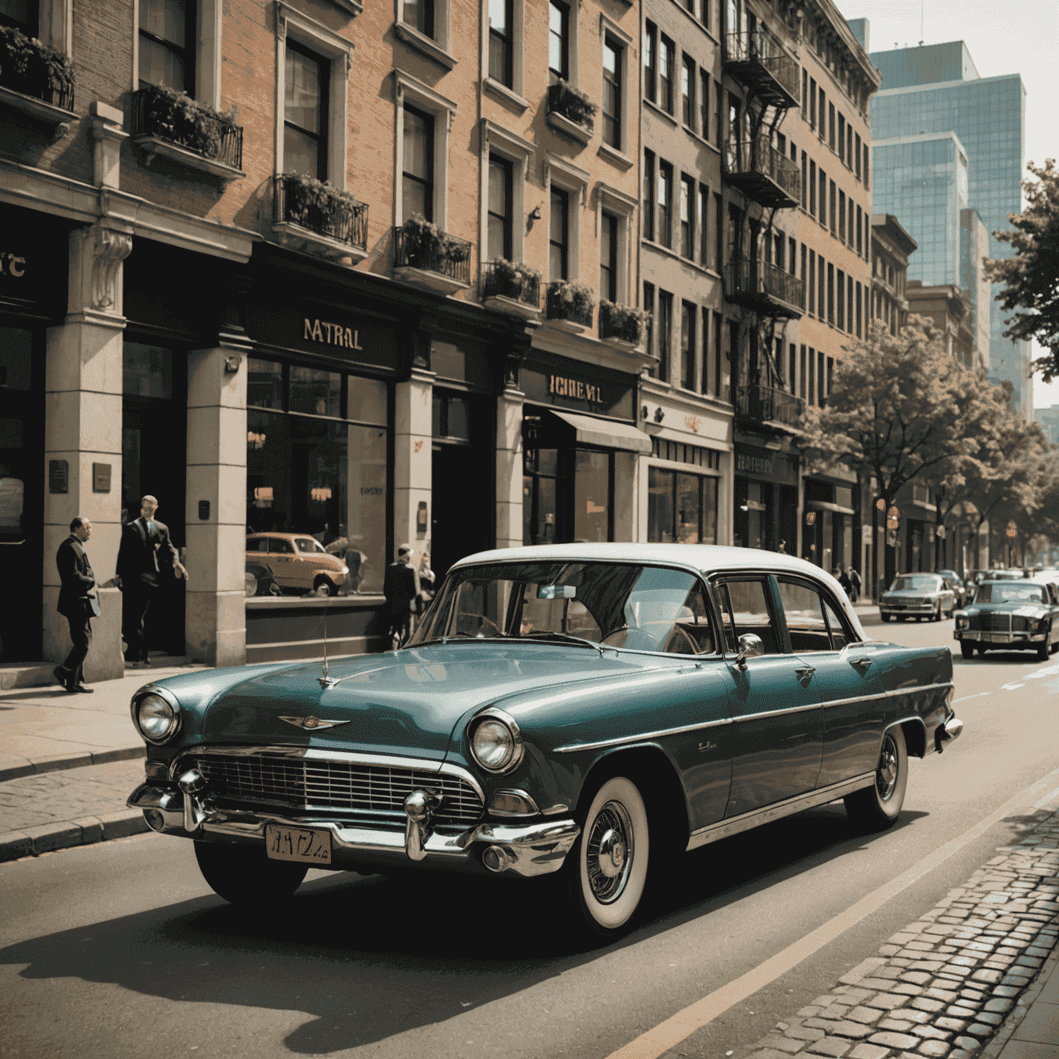 A classic car driving through a city street, representing the transformative impact of personal transportation on urban landscapes and society in the 20th century.